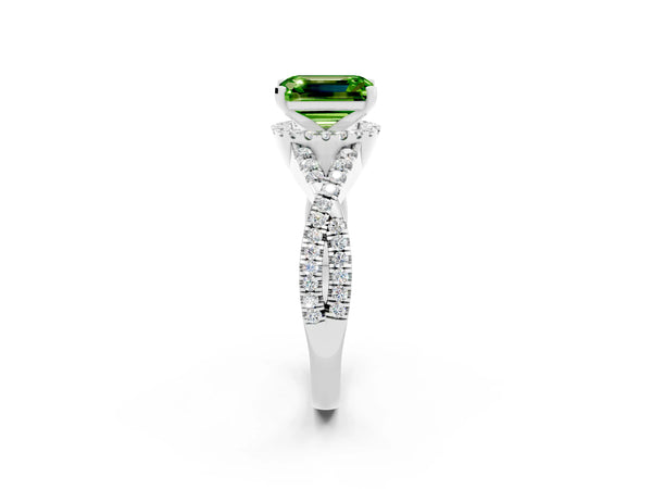 Silver Emerald Cut Peridot  Halo Twist Band Solitaire Prong Setting Ring