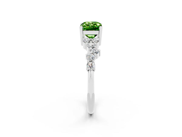 Silver Emerald Cut Peridot Scattered Round Accent Ring with Prong Setting