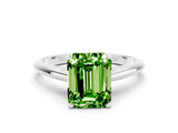Silver Emerald Cut Peridot Solitaire Engagement Ring with Cathedral Setting and Four-Prong Mount