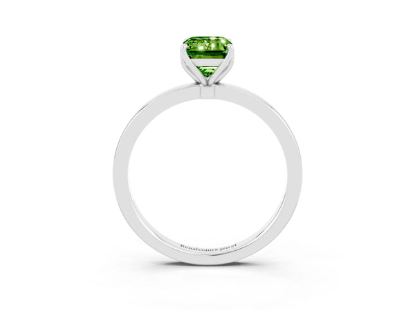 Silver Emerald Cut Peridot Solitaire Ring with Thin Band and Prong Setting