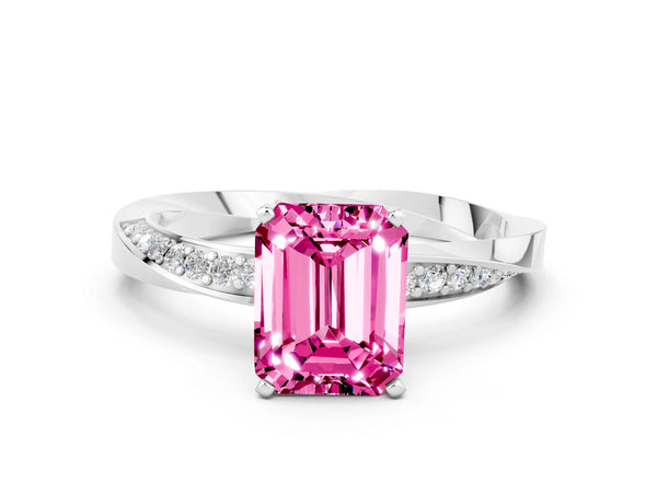Silver Emerald Cut Pink Sapphire Engagement Ring with Side Stone Accents and Four-Prong Setting