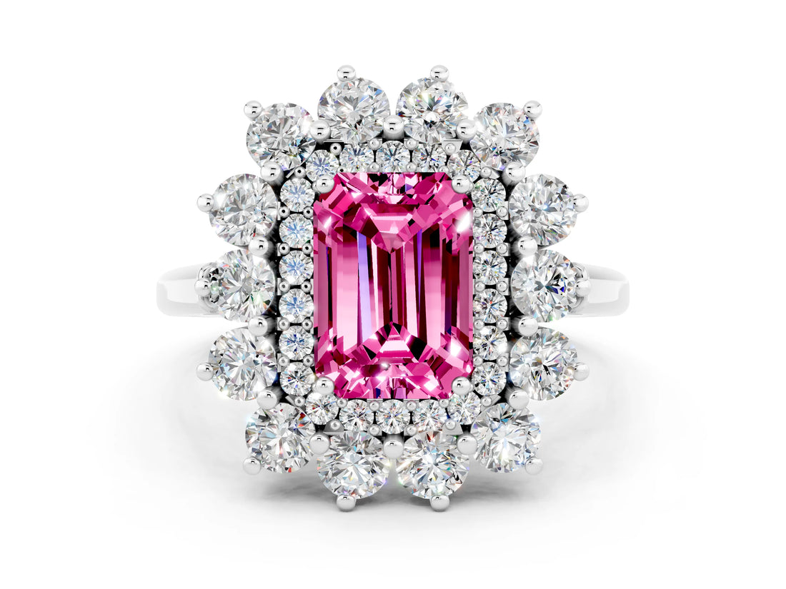 Silver Emerald Cut Pink Sapphire Floral Double Halo Engagement Ring with Prong Setting_120