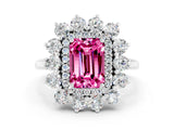 Silver Emerald Cut Pink Sapphire Floral Double Halo Engagement Ring with Prong Setting_120
