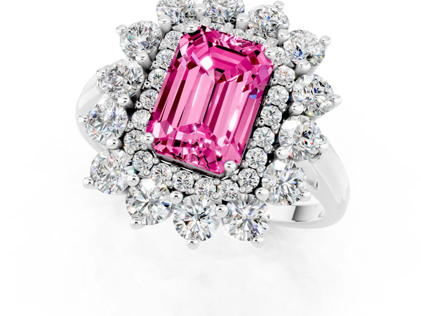 Sterling Silver Emerald Cut Lab-Grown Pink Sapphire Floral Double Halo Engagement Ring