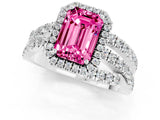 Silver Emerald Cut Pink Sapphire Halo Ring with Round Split Shank and Prong Setting_67