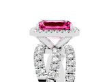 Silver Emerald Cut Pink Sapphire Halo Ring with Round Split Shank and Prong Setting_71