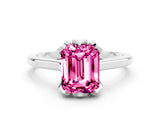 Silver Emerald Cut Pink Sapphire Solitaire Ring with Flower Prong Setting and Classic Band