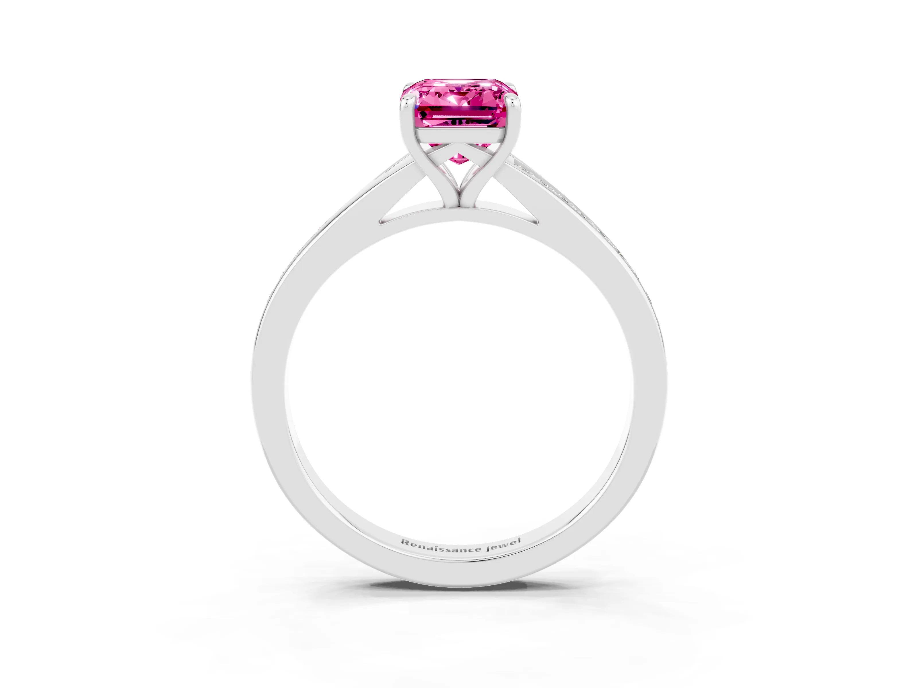 Silver Emerald Cut Pink Sapphire Solitaire Ring with Pavé Band and Prong Setting_15
