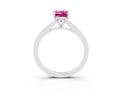 Silver Emerald Cut Pink Sapphire Solitaire Ring with Pavé Band and Prong Setting_15