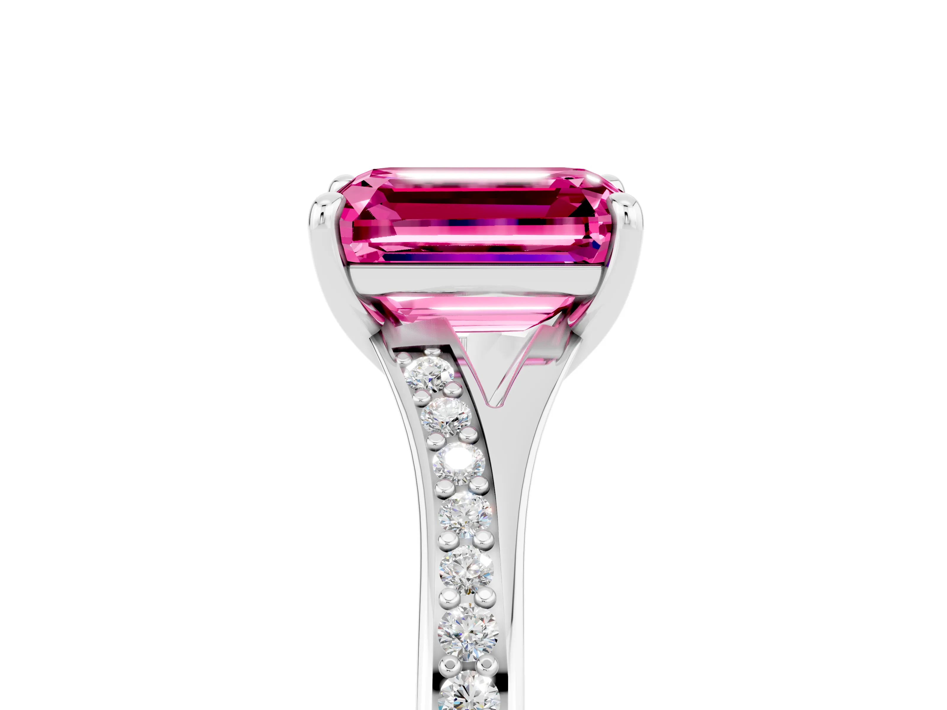 Silver Emerald Cut Pink Sapphire Solitaire Ring with Pavé Band and Prong Setting_17