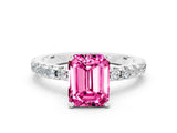 Silver Emerald Cut Pink Sapphire Solitaire Ring with Round  Pavé Band and Four-Prong Setting_24