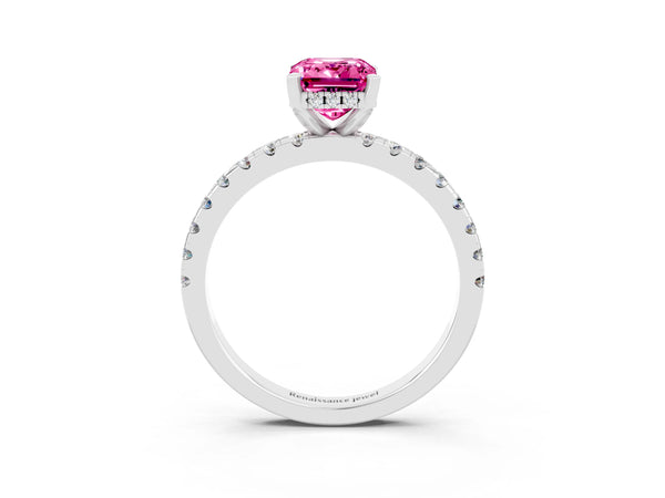 Silver Emerald Cut Pink Sapphire Solitaire Ring with Round Pavé Band and Four-Prong Setting