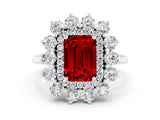Silver Emerald Cut Ruby Floral Double Halo Engagement Ring with Prong Setting_152