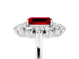 Silver Emerald Cut Ruby Floral Double Halo Engagement Ring with Prong Setting_157
