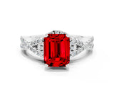 Silver Emerald Cut Ruby  Halo Twist Band Solitaire Prong Setting Ring_12