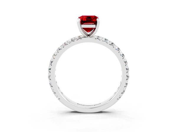 Sterling Silver Emerald Cut Lab-Grown Ruby Solitaire Engagement Ring with Shared Prong Pave Band