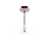 Silver Emerald Cut Ruby Scalloped Halo Engagement Ring with Round Shared Prong Band_56