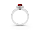 Silver Emerald Cut Ruby Scalloped Halo Engagement Ring with Round Shared Prong Band_57