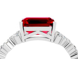 Silver Emerald Cut Ruby Scattered Round Accent Ring with Prong Setting_34