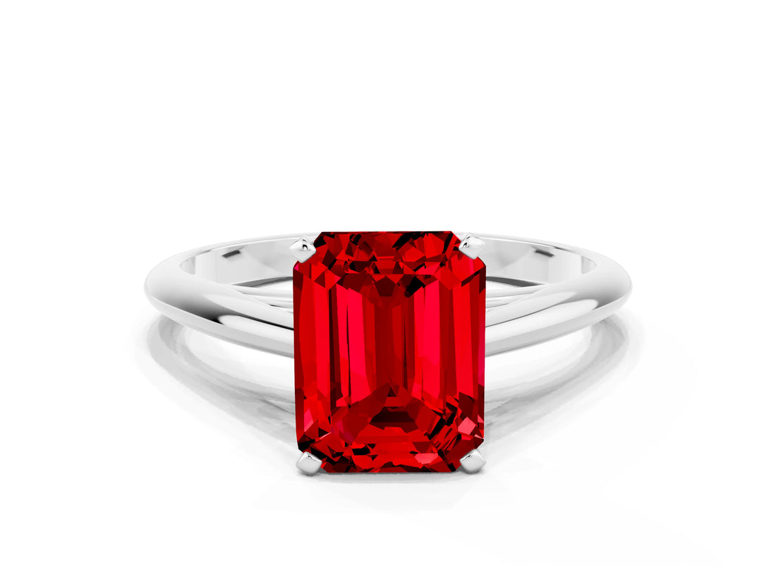 Silver Emerald Cut Ruby Solitaire Engagement Ring with Cathedral Setting and Four-Prong Mount_12