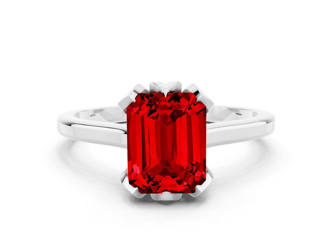 Silver Emerald Cut Ruby Solitaire Ring with Flower Prong Setting and Classic Band