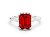Silver Emerald Cut Ruby Solitaire Ring with Flower Prong Setting and Classic Band