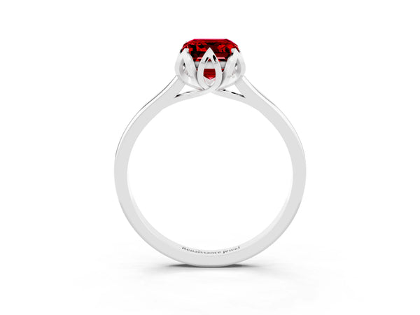 Sterling Silver Emerald Cut Lab-Grown Ruby Floral Solitaire Engagement Ring with Plain Band