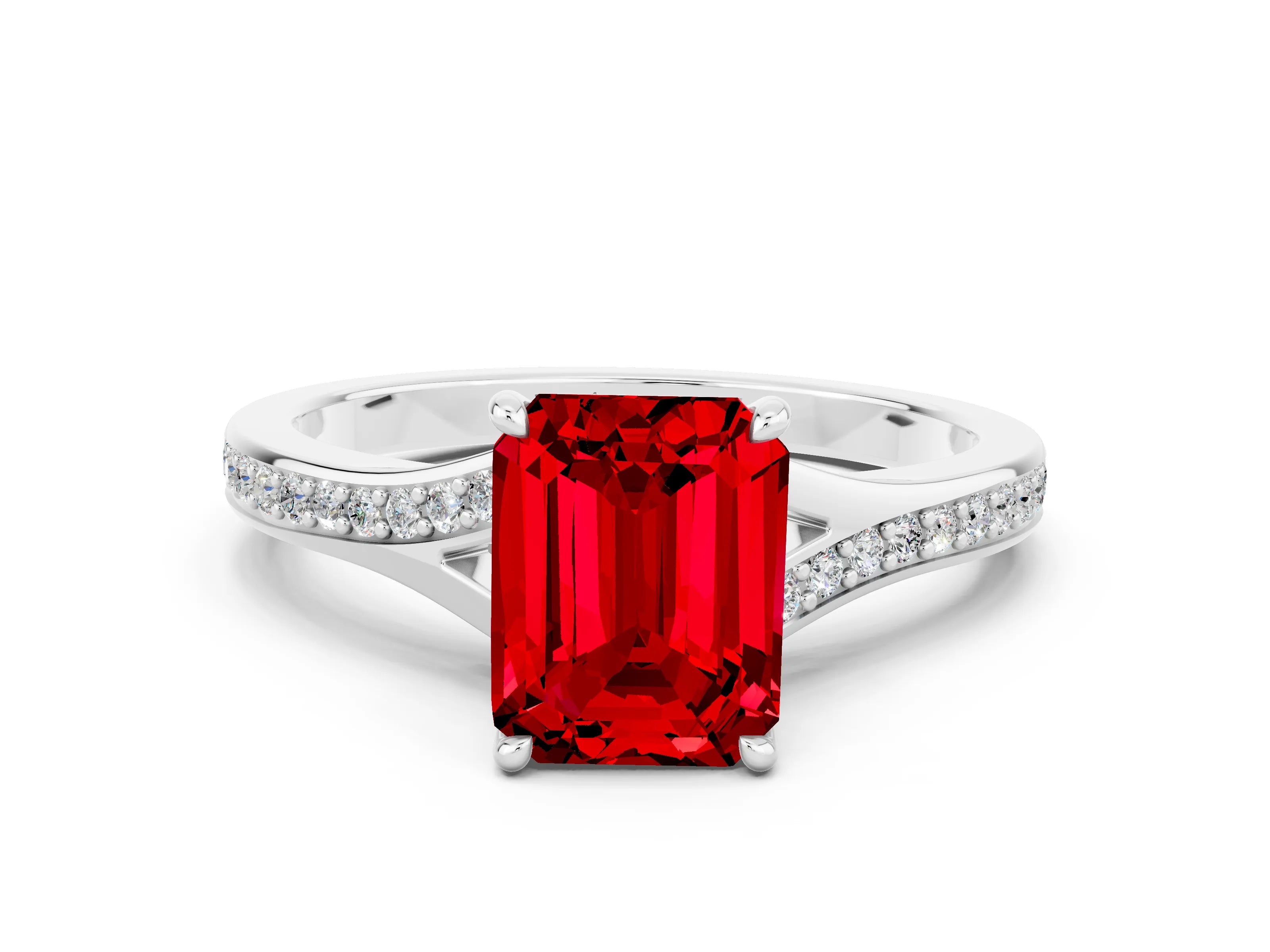 Silver Emerald Cut Ruby Solitaire Ring with Pavé Band and Prong Setting_12
