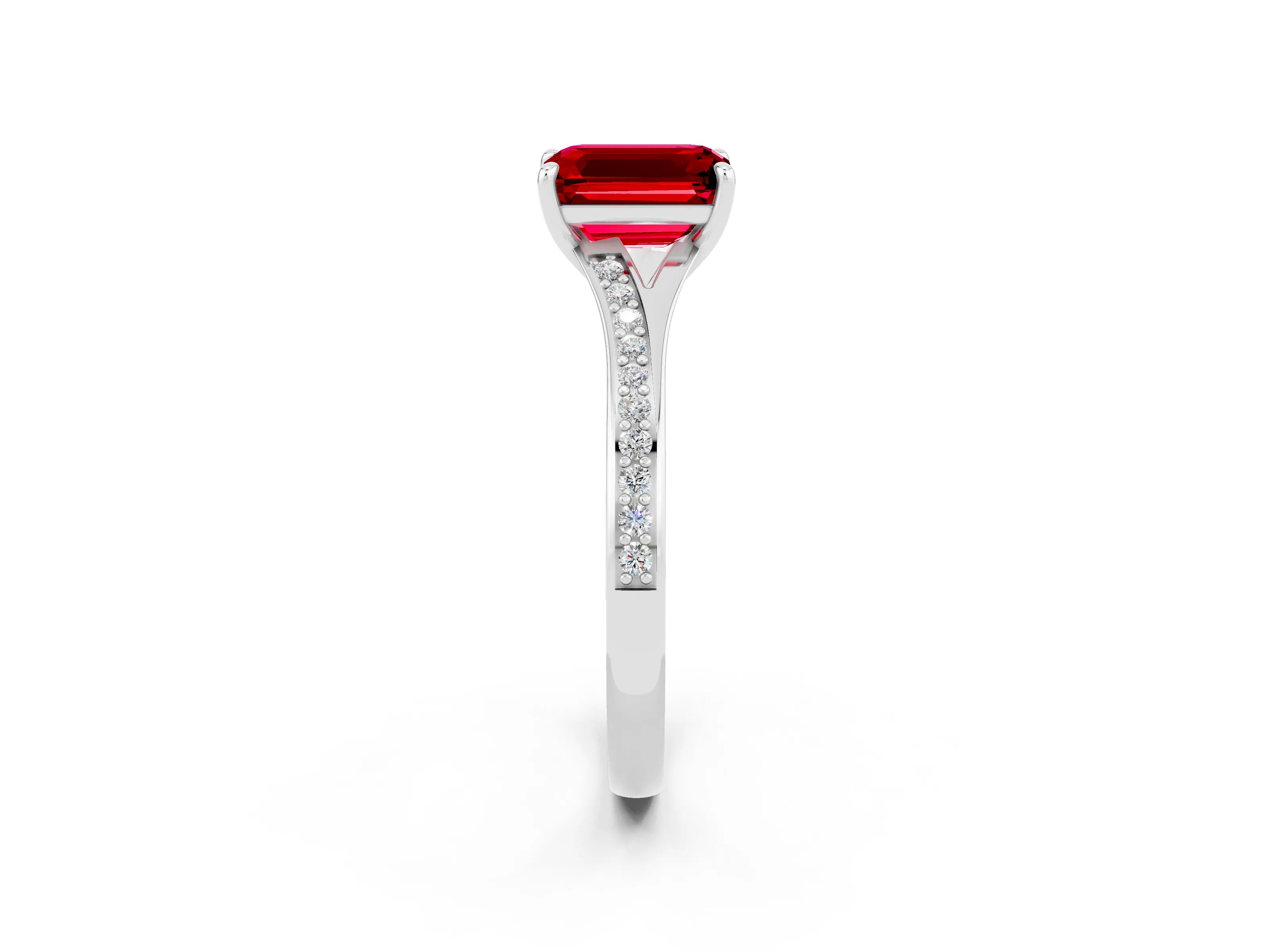 Silver Emerald Cut Ruby Solitaire Ring with Pavé Band and Prong Setting_14