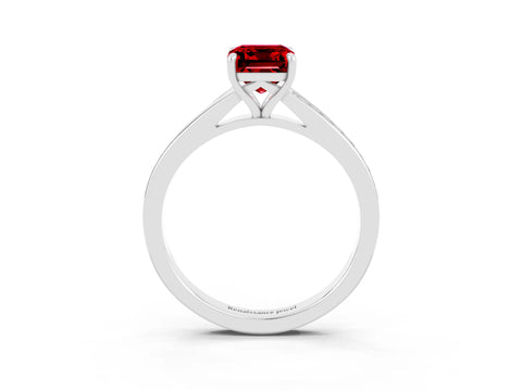 Silver Emerald Cut Ruby Solitaire Ring with Pavé Band and Prong Setting_15