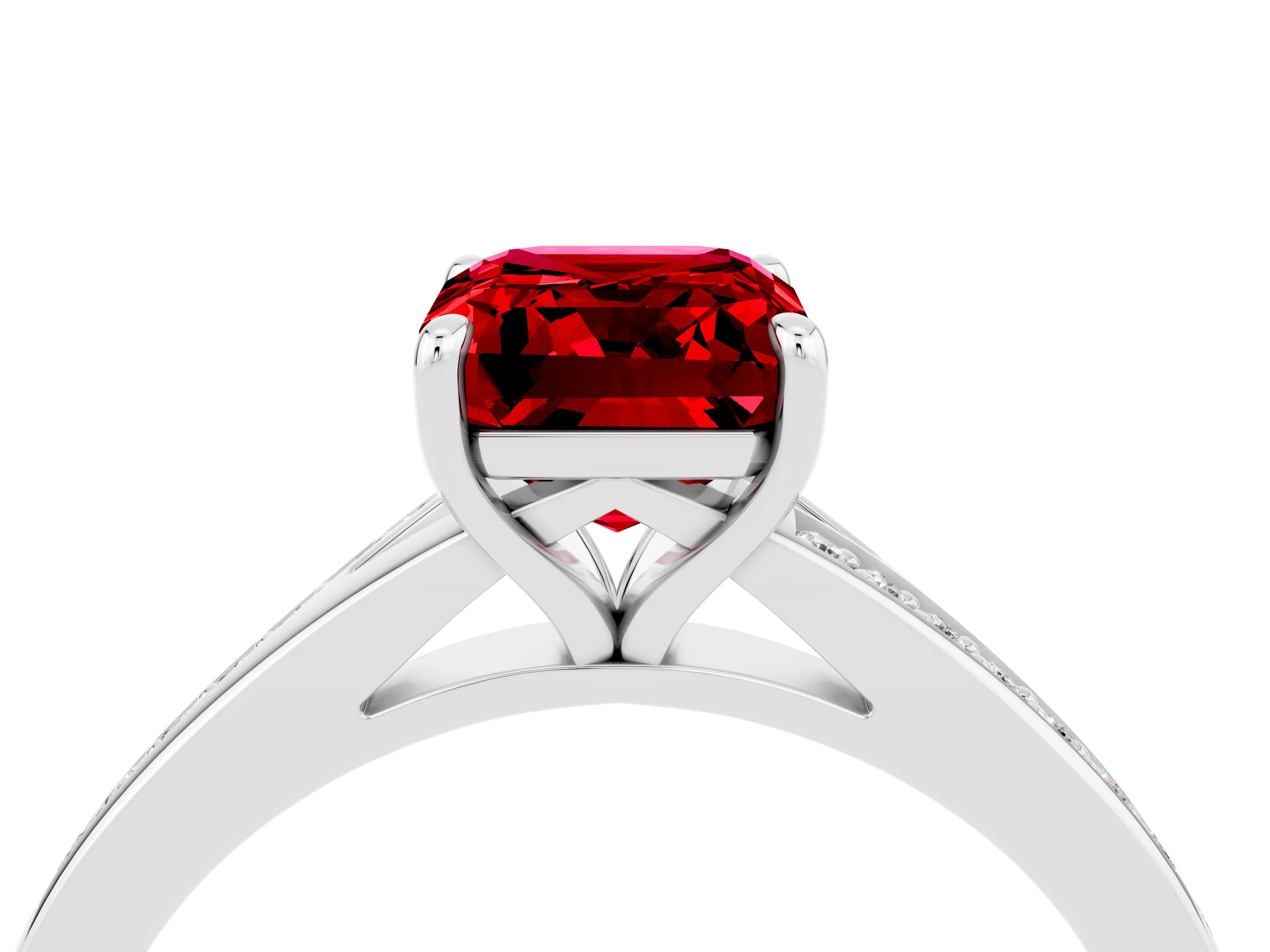 Silver Emerald Cut Ruby Solitaire Ring with Pavé Band and Prong Setting_16