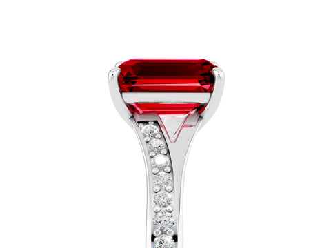 Silver Emerald Cut Ruby Solitaire Ring with Pavé Band and Prong Setting_17