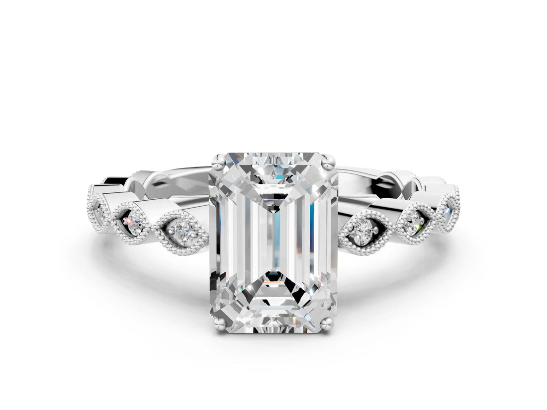 Silver Emerald Cut Solitaire Diamond Ring with Infinity Twist Band and Four-Prong Setting_13