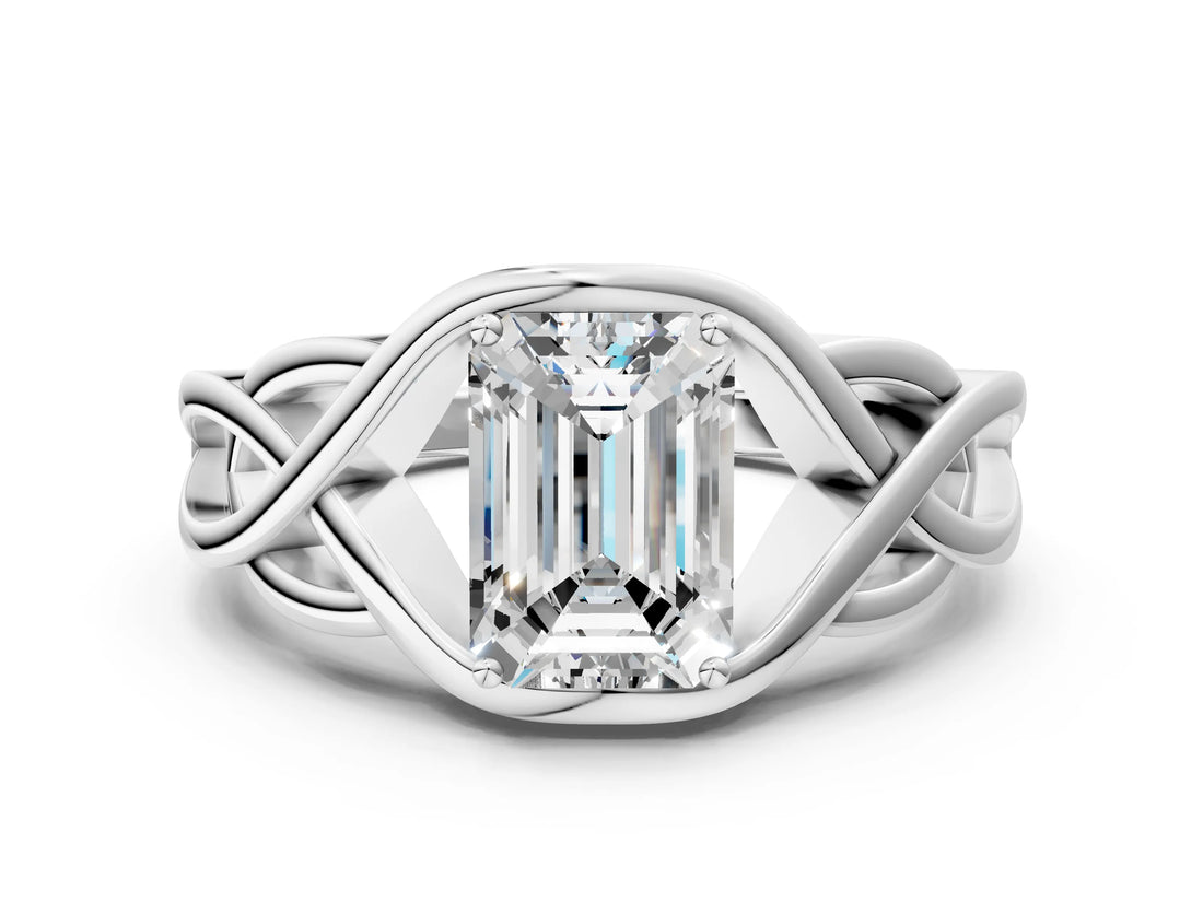 Silver Emerald Cut Solitaire Intertwined Band Prong Setting Ring_14
