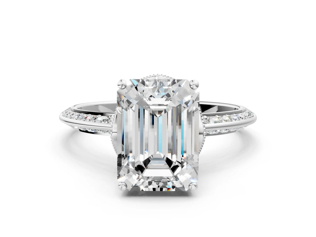 Silver Emerald Cut Solitaire Split Shank Pave Diamond Engagement Ring with Four-Prong Setting_13