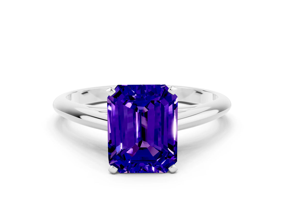 Silver Emerald Cut Tanzanite Solitaire Engagement Ring with Cathedral Setting and Four-Prong Mount_12
