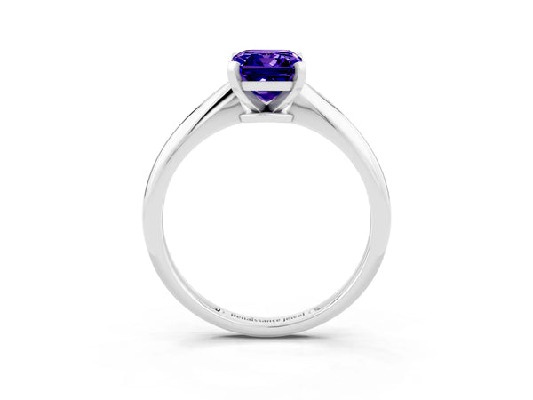 Silver Emerald Cut Tanzanite Solitaire Engagement Ring with Classic Band and Four-Prong Setting