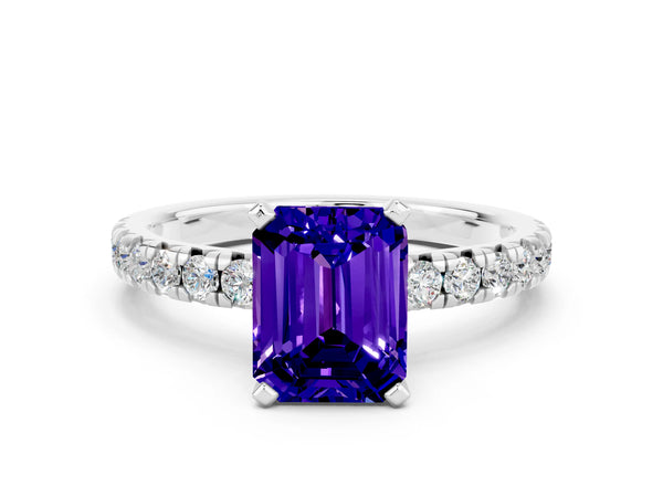 Silver Emerald Cut Tanzanite Solitaire Pavé Engagement Ring with Round Band and Prong Setting