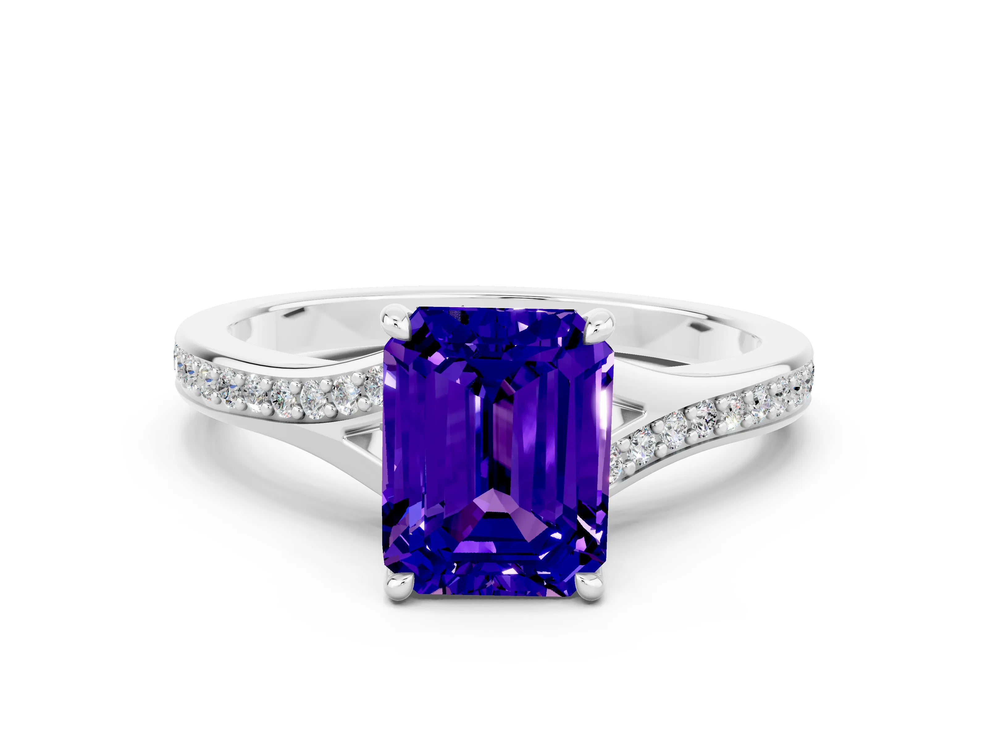 Silver Emerald Cut Tanzanite Solitaire Ring with Pavé Band and Prong Setting_12