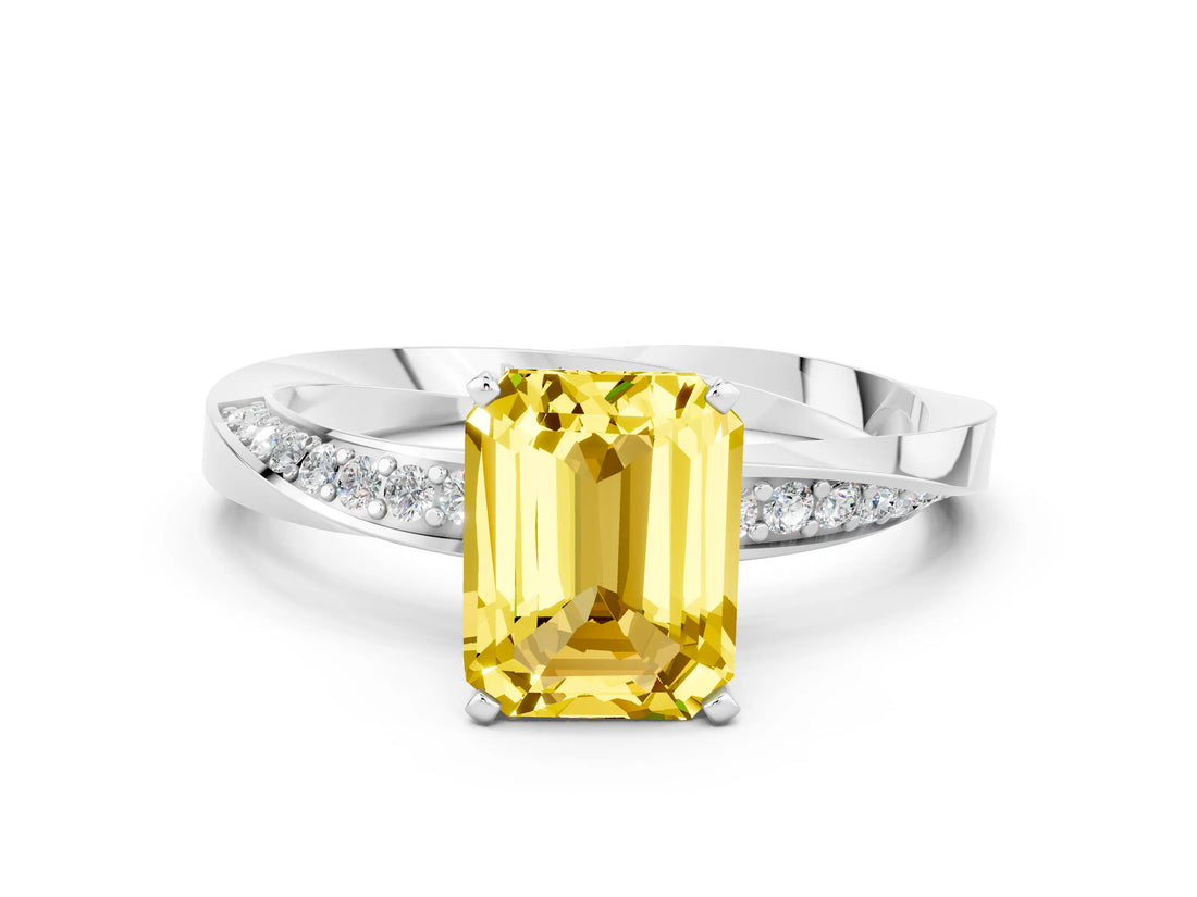 Silver Emerald Cut Yellow Sapphire Engagement Ring with Side Stone Accents and Four-Prong Setting_12