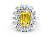 Silver Emerald Cut Yellow Sapphire Floral Double Halo Engagement Ring with Prong Setting_127