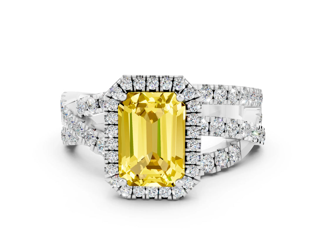 Silver Emerald Cut Yellow Sapphire Halo Ring with Round Split Shank and Prong Setting_66