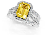 Silver Emerald Cut Yellow Sapphire Halo Ring with Round Split Shank and Prong Setting_67