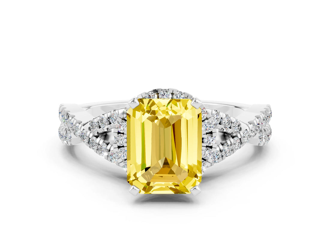 Silver Emerald Cut Yellow Sapphire  Halo Twist Band Solitaire Prong Setting Ring_24