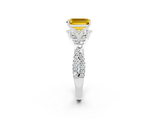 Silver Emerald Cut Yellow Sapphire  Halo Twist Band Solitaire Prong Setting Ring