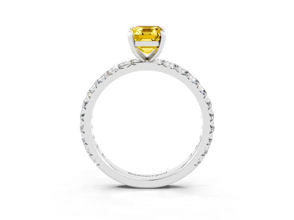 Sterling Silver Emerald Cut Lab-Grown Yellow Sapphire Solitaire Engagement Ring with Shared Prong Pave Band