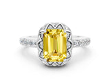Silver Emerald Cut Yellow Sapphire Scalloped Halo Engagement Ring with Round Shared Prong Band_108