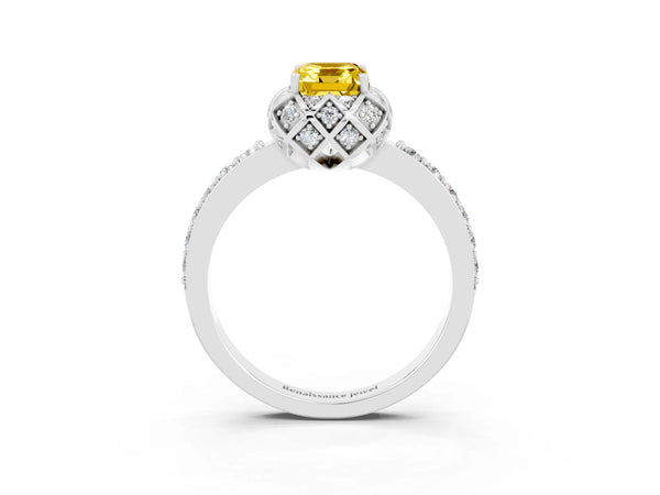 Silver Emerald Cut Yellow Sapphire Scalloped Halo Engagement Ring with Round Shared Prong Band