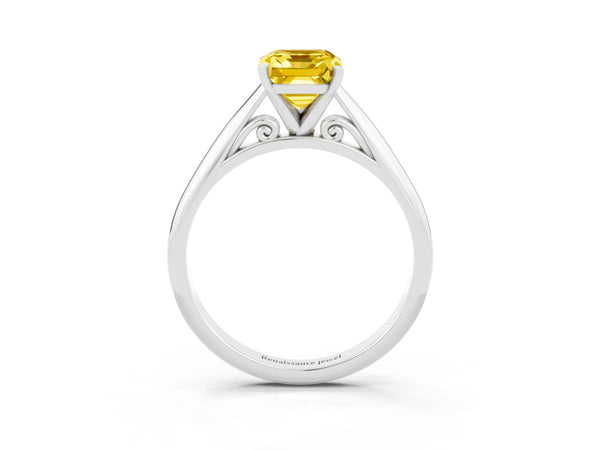Sterling Silver Emerald Cut Lab-Grown Yellow Sapphire Solitaire Cathedral Engagement Ring