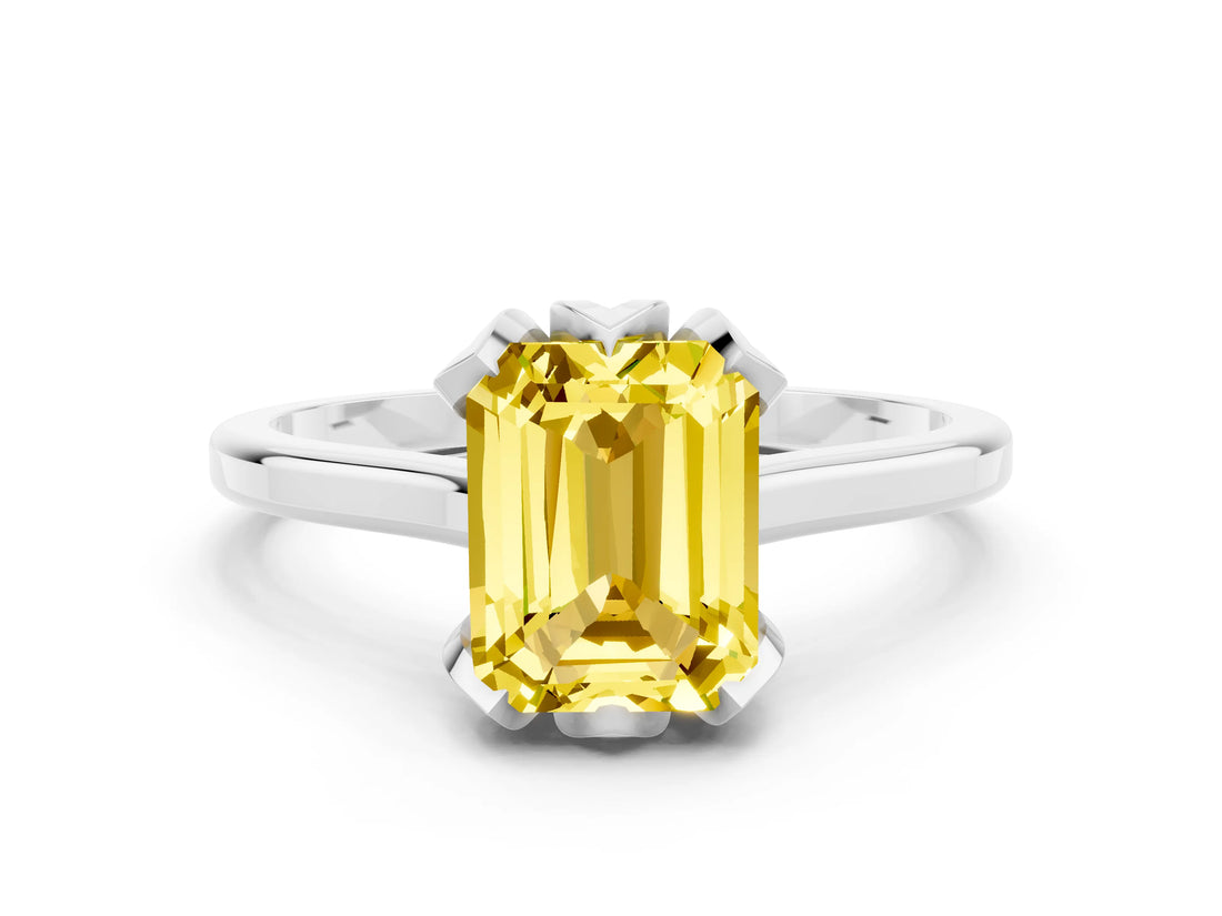Silver Emerald Cut Yellow Sapphire Solitaire Ring with Flower Prong Setting and Classic Band_12